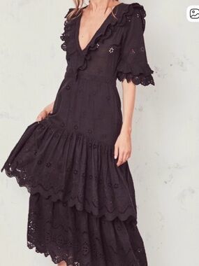 Loveshackfancy Juliette black embroidered eyelet midi dress rare